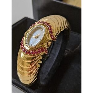 Vintage Franklin Mint Gold-Tone Art Deco Ruby Watch w/Mother of Pearl Dial RUNS!